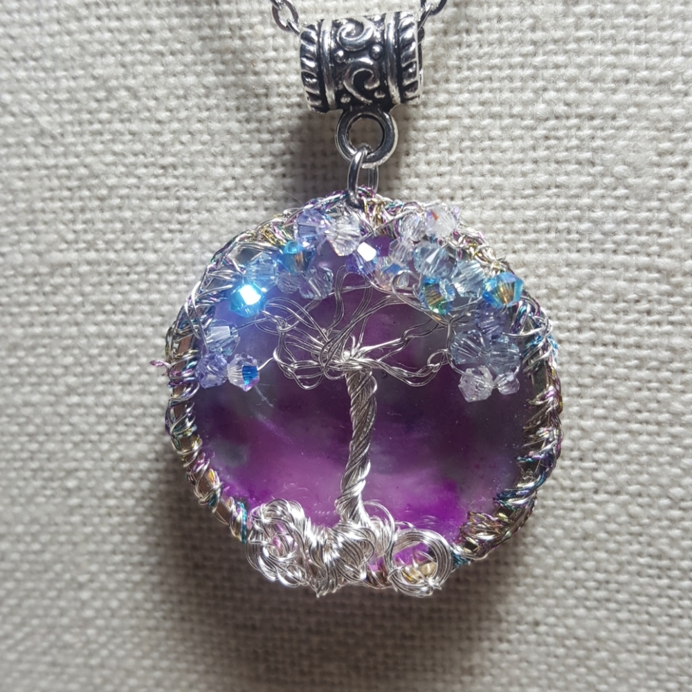 Tree of Life necklace handpainted glass, Swarovski